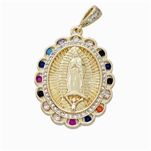 Virgin Mary Charms Copper Oval Pendant Pave Zirconia Gold Plated, approx 22-27mm [FN45860]