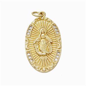 Virgin Mary Charms Copper Pendant Pave Zirconia Oval Gold Plated, approx 15-25mm [FN45868]