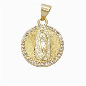 Virgin Mary Charms Copper Pendant Pave Zirconia Circle Gold Plated, approx 15mm [FN45886]