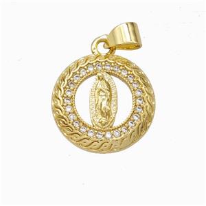 Virgin Mary Charms Copper Pendant Pave Zirconia Circle Gold Plated, approx 15mm [FN45887]