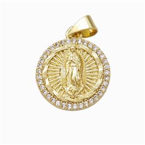 Virgin Mary Charms Copper Pendant Pave Zirconia Circle Gold Plated, approx 15mm [FN45888]