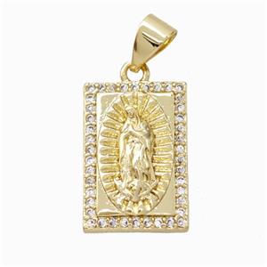 Virgin Mary Charms Copper Rectangle Pendant Pave Zirconia Gold Plated, approx 11-16.5mm [FN45892]