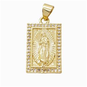 Virgin Mary Charms Copper Rectangle Pendant Pave Zirconia Gold Plated, approx 12-18mm [FN45893]