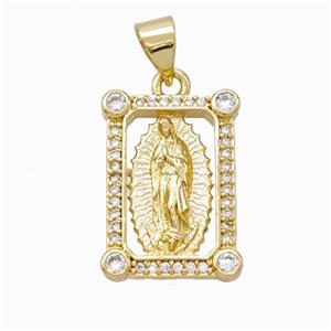 Virgin Mary Charms Copper Rectangle Pendant Pave Zirconia Gold Plated, approx 13-18mm [FN45894]