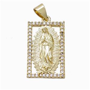 Virgin Mary Charms Copper Rectangle Pendant Pave Zirconia Gold Plated, approx 13-20mm [FN45895]
