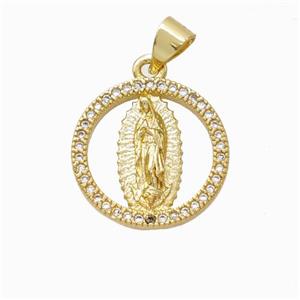 Virgin Mary Charms Copper Circle Pendant Micropave Zirconia Gold Plated, approx 16mm [FN45898]