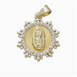 Virgin Mary Charms Copper Circle Pendant Micropave Zirconia Gold Plated, approx 17mm [FN45899]