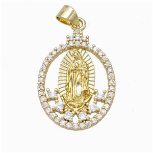 Virgin Mary Charms Copper Oval Pendant Micropave Zirconia Gold Plated, approx 18-24mm [FN45914]
