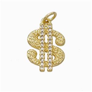 US Dollar Sign Charms Copper Pendant Pave Zirconia Gold Plated, approx 12-15mm [FN45932]