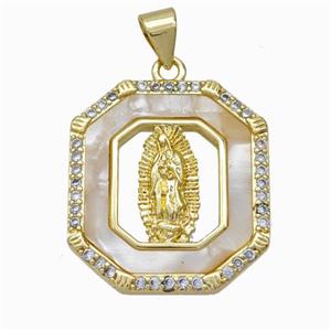Jesus Charms Copper Pendant Pave Shell Zirconia Rectangle Gold Plated, approx 20mm [FN45968]