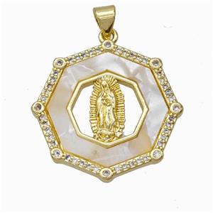 Jesus Charms Copper Pendant Pave Shell Zirconia Octagon Gold Plated, approx 26mm [FN45969]