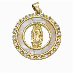 Jesus Charms Copper Pendant Pave Shell Zirconia Circle Gold Plated, approx 25mm [FN45970]
