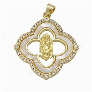 Jesus Charms Copper Pendant Pave Shell Zirconia Clover Gold Plated, approx 28mm [FN45972]