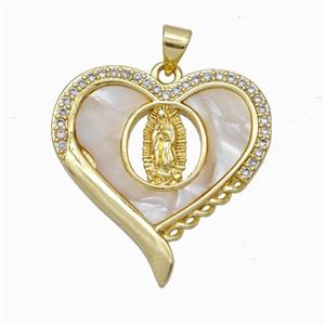 Jesus Charms Copper Pendant Pave Shell Zirconia Heart Gold Plated, approx 27mm [FN45974]