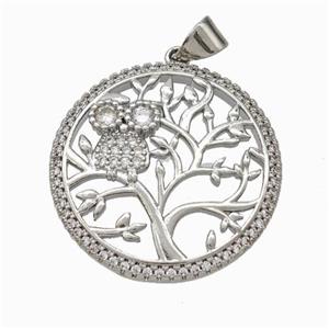 Copper Tree Pendant Micropave Zirconia Owl Platinum Plated, approx 25mm [FN45999]