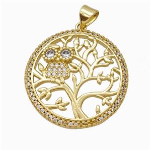 Copper Tree Pendant Micropave Zirconia Owl Gold Plated, approx 25mm [FN46000]