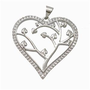 Copper Tree Pendant Micropave Zirconia Heart Platinum Plated, approx 30mm [FN46003]