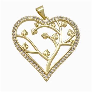 Copper Tree Pendant Micropave Zirconia Heart Gold Plated, approx 30mm [FN46004]