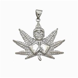 Copper Buddha Pendant Micropave Zirconia Maple Leaf Platinum Plated, approx 25-30mm [FN46008]