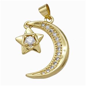 Copper Moon Pendant Pave Zirconia Star Gold Plated, approx 11mm 17-22mm [FN46034]