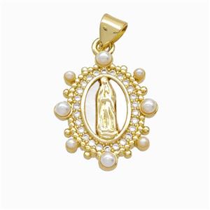 Virgin Mary Charms Copper Pendant Pave Zirconia Shell Resin 18K Gold Plated, approx 16-20mm [FN46079]