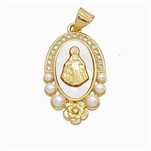 Virgin Mary Charms Copper Pendant Pave Zirconia Shell Resin 18K Gold Plated, approx 15-23mm [FN46082]