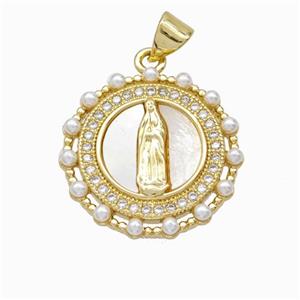 Jesus Charms Copper Pendant Pave Zirconia Shell Resin 18K Gold Plated, approx 20mm [FN46088]