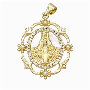 Virgin Mary Charms Copper Pendant Pave Zirconia Shell Resin 18K Gold Plated, approx 22-27mm [FN46091]