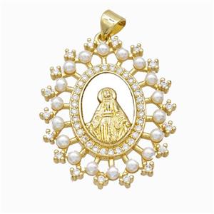 Virgin Mary Charms Copper Pendant Pave Zirconia Shell Resin 18K Gold Plated, approx 25-30mm [FN46094]