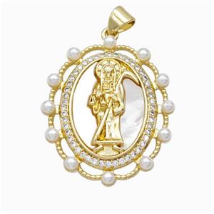 Saint Jude Charms Copper Pendant Pave Zirconia Shell Resin 18K Gold Plated, approx 24-30mm [FN46097]