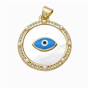 Blue Evil Eye Charms Copper Pendant Pave Zirconia Shell Resin Enamel 18K Gold Plated, approx 22mm [FN46098]