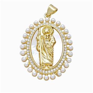 Saint Jude Charms Copper Pendant Pave Zirconia Shell Resin 18K Gold Plated, approx 24-30mm [FN46100]