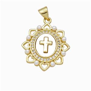 Copper Cross Pendant Pave Zirconia Shell Resin 18K Gold Plated, approx 20-21mm [FN46104]