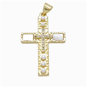 Copper Cross Pendant Pave Zirconia Shell Resin 18K Gold Plated, approx 20-29mm [FN46105]
