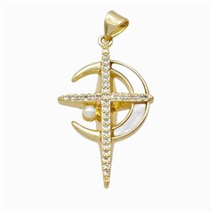 Copper Cross Pendant Pave Zirconia Shell Resin Moon 18K Gold Plated, approx 18-30mm [FN46106]