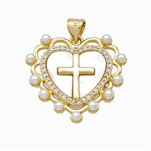 Copper Cross Pendant Pave Zirconia Shell Resin Heart 18K Gold Plated, approx 25mm [FN46111]
