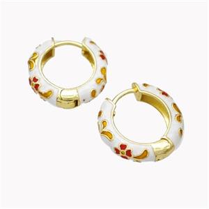 Copper Hoop Earrings White Enamel Flower Gold Plated, approx 20mm [FN46182]