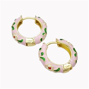 Copper Hoop Earrings Pink Enamel Flower Gold Plated, approx 20mm [FN46183]