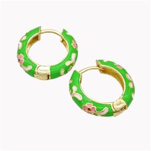 Copper Hoop Earrings Green Enamel Flower Gold Plated, approx 20mm [FN46185]