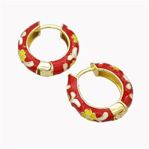 Copper Hoop Earrings Red Enamel Flower Gold Plated, approx 20mm [FN46186]