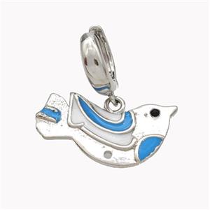 Copper Hoop Earrings With Doves Enamel Birds Platinum Plated, approx 15-28mm, 15mm dia [FN46192]