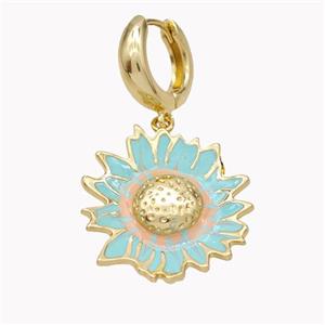 Copper Hoop Earrings With Sunflower Teal Enamel Gold Plated, approx 25-27mm, 15mm dia [FN46198]