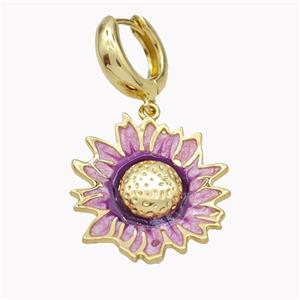 Copper Hoop Earrings With Sunflower Purple Enamel Gold Plated, approx 25-27mm, 15mm dia [FN46199]