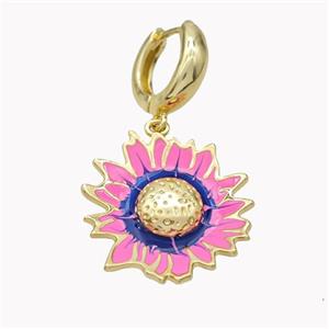 Copper Hoop Earrings With Sunflower Pink Enamel Gold Plated, approx 25-27mm, 15mm dia [FN46200]
