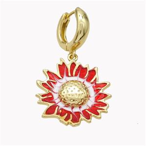 Copper Hoop Earrings With Sunflower Red Enamel Gold Plated, approx 25-27mm, 15mm dia [FN46201]