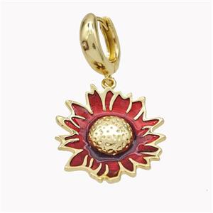 Copper Hoop Earrings With Sunflower Red Enamel Gold Plated, approx 25-27mm, 15mm dia [FN46202]