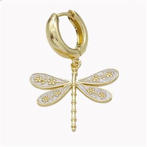 Copper Hoop Earrings With Dragonfly White Enamel Gold Plated, approx 20-25mm, 15mm dia [FN46203]