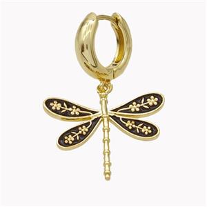 Copper Hoop Earrings With Dragonfly Black Enamel Gold Plated, approx 20-25mm, 15mm dia [FN46204]