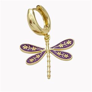 Copper Hoop Earrings With Dragonfly Purple Enamel Gold Plated, approx 20-25mm, 15mm dia [FN46205]