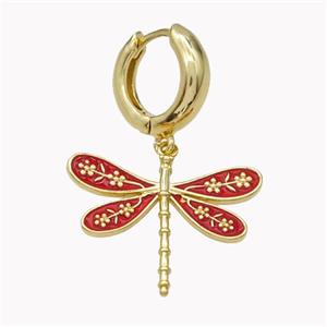 Copper Hoop Earrings With Dragonfly Red Enamel Gold Plated, approx 20-25mm, 15mm dia [FN46206]
